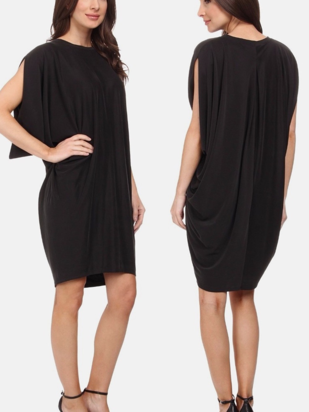 NWT, BCBGMaxAzria Monet black asymmetrical draped dolman sleeve cocktail dress